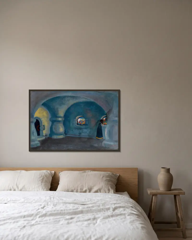 Sadkos Gemach von Nicholas Roerich gerahmt an einer Wand