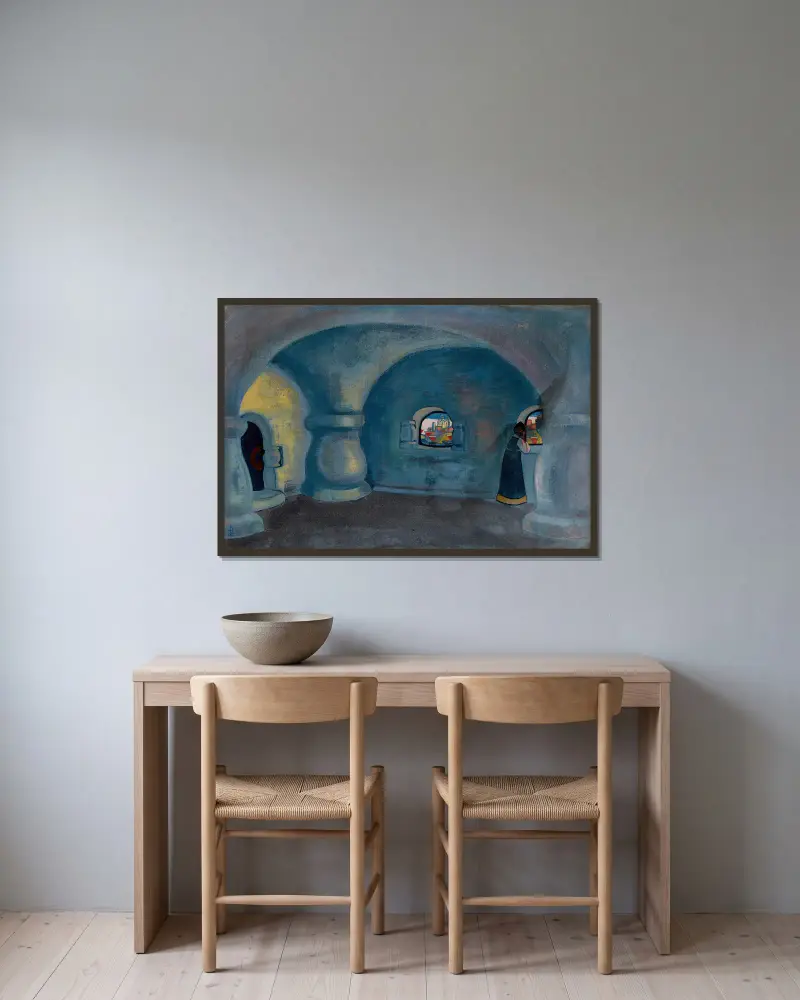 Sadkos Gemach von Nicholas Roerich gerahmt an einer Wand