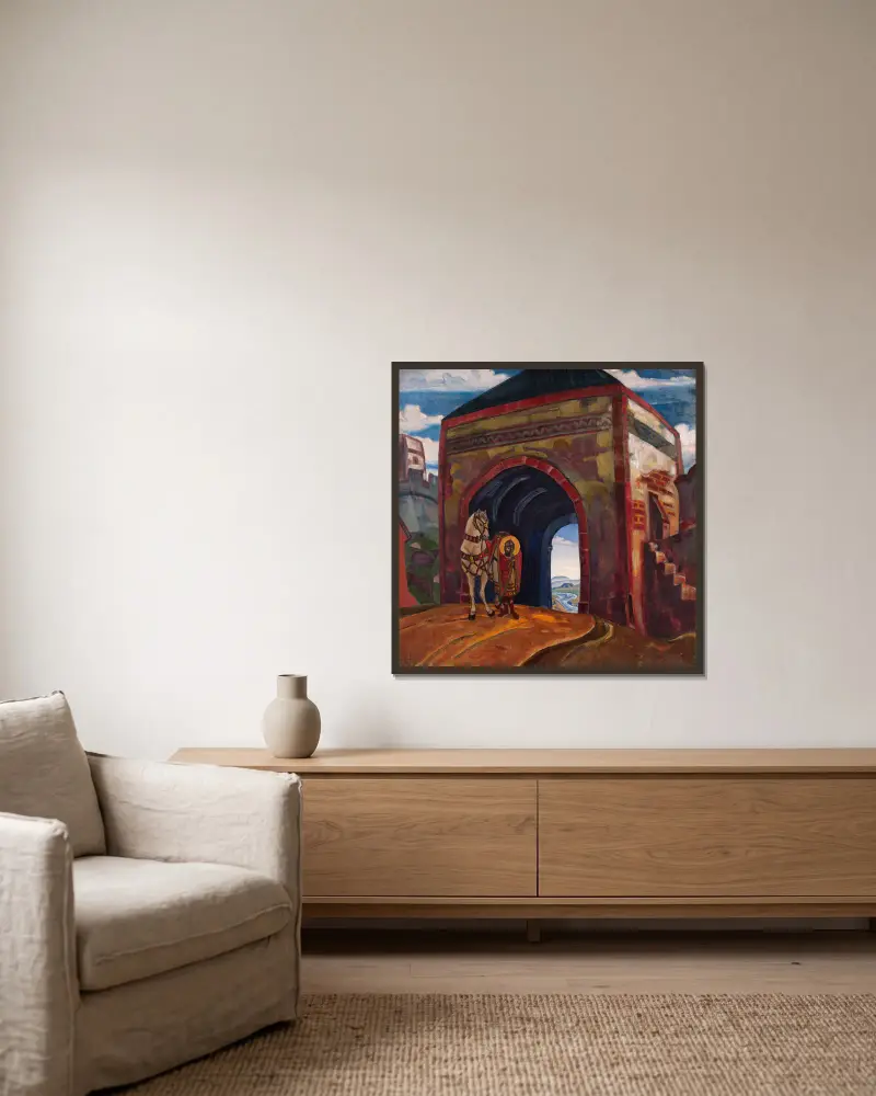 Sankt Merkurius av Smolensk av Nicholas Roerich inramad på en vägg