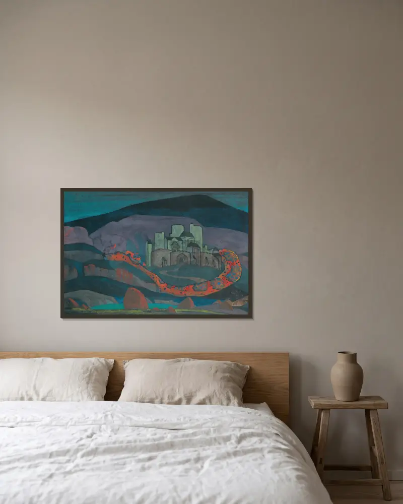 Die dem Untergang geweihte Stadt von Nicholas Roerich gerahmt an einer Wand