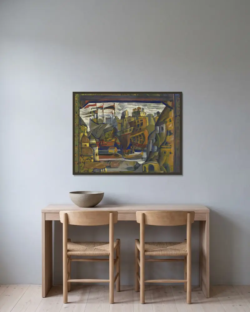 Novgorodmarknaden ur Sadko av Nicholas Roerich inramad på en vägg