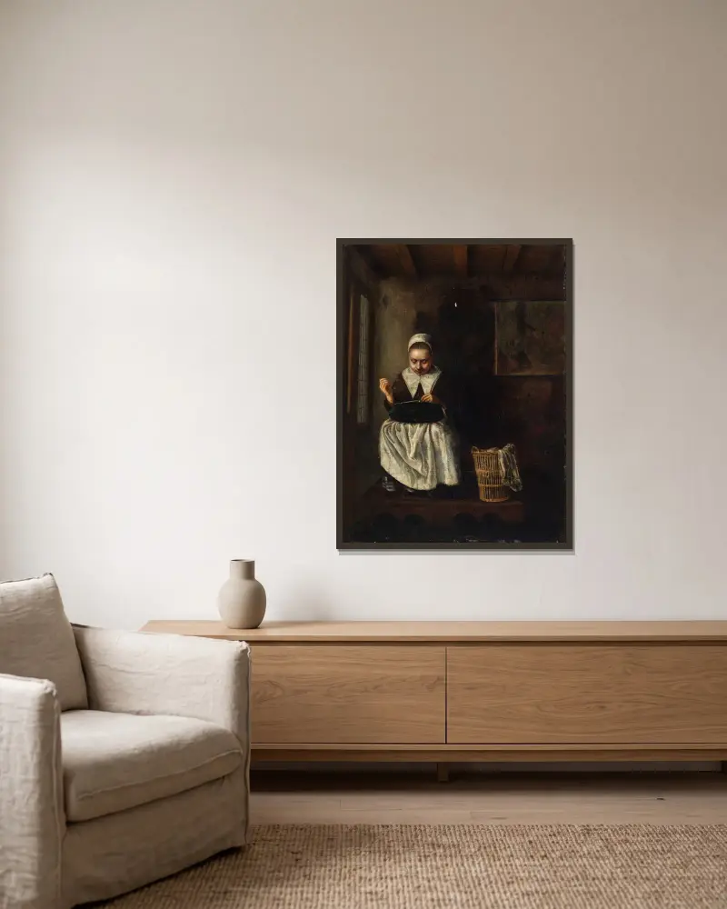 En flicka som syr av Nicolaes Maes inramad på en vägg