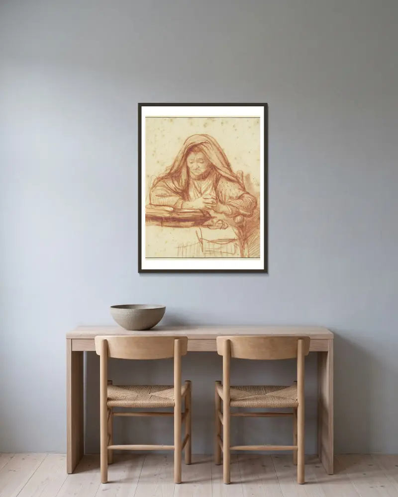 Alte Frau lesend im Gebet von Nicolaes Maes gerahmt an einer Wand