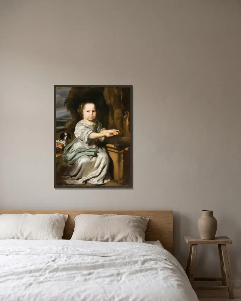 Porträtt av en flicka, 1664 av Nicolaes Maes inramad på en vägg