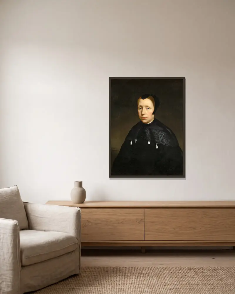 Porträt einer Witwe von Nicolaes Maes gerahmt an einer Wand