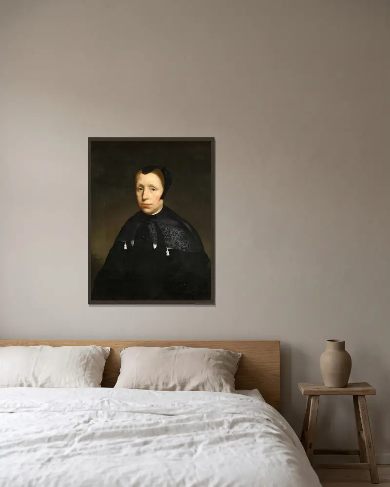 Porträt einer Witwe von Nicolaes Maes gerahmt an einer Wand