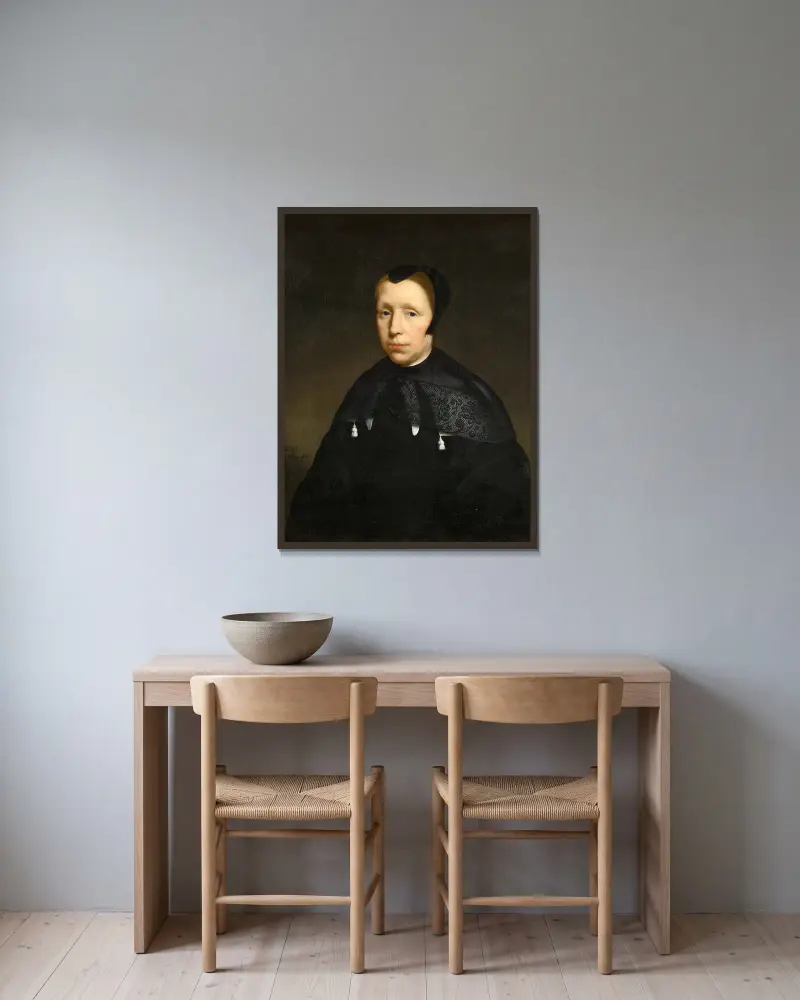 Porträt einer Witwe von Nicolaes Maes gerahmt an einer Wand