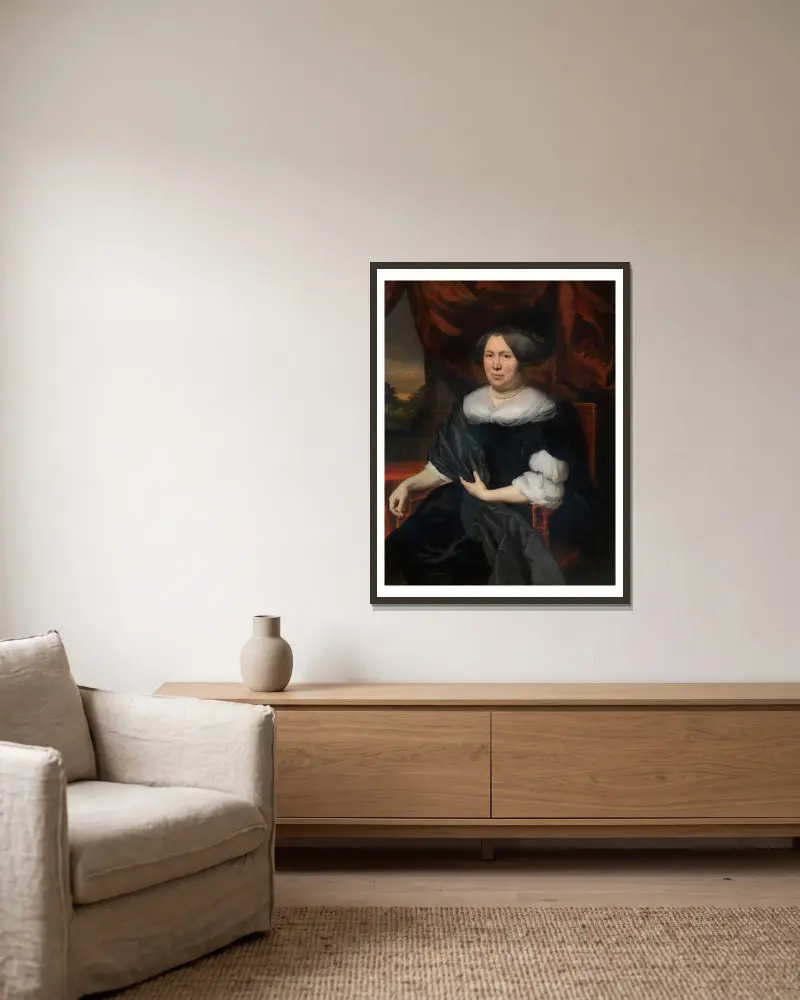 Portrait of a Woman, 1676 av Nicolaes Maes inramad på en vägg