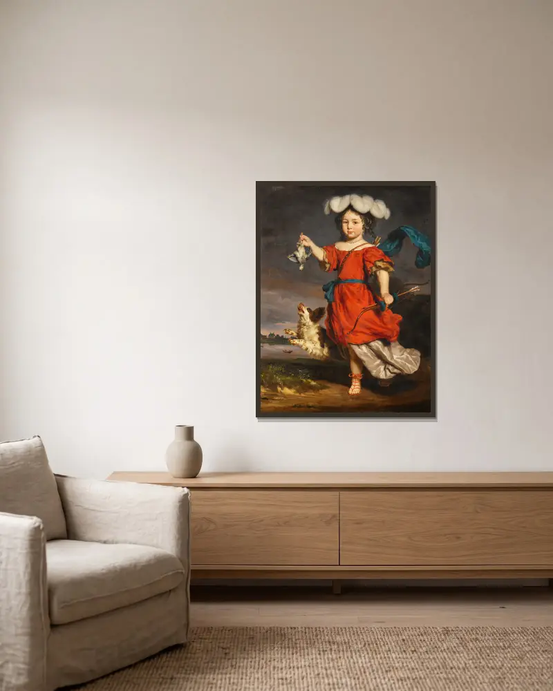 Porträtt av en ung flicka som jägarinna av Nicolaes Maes inramad på en vägg