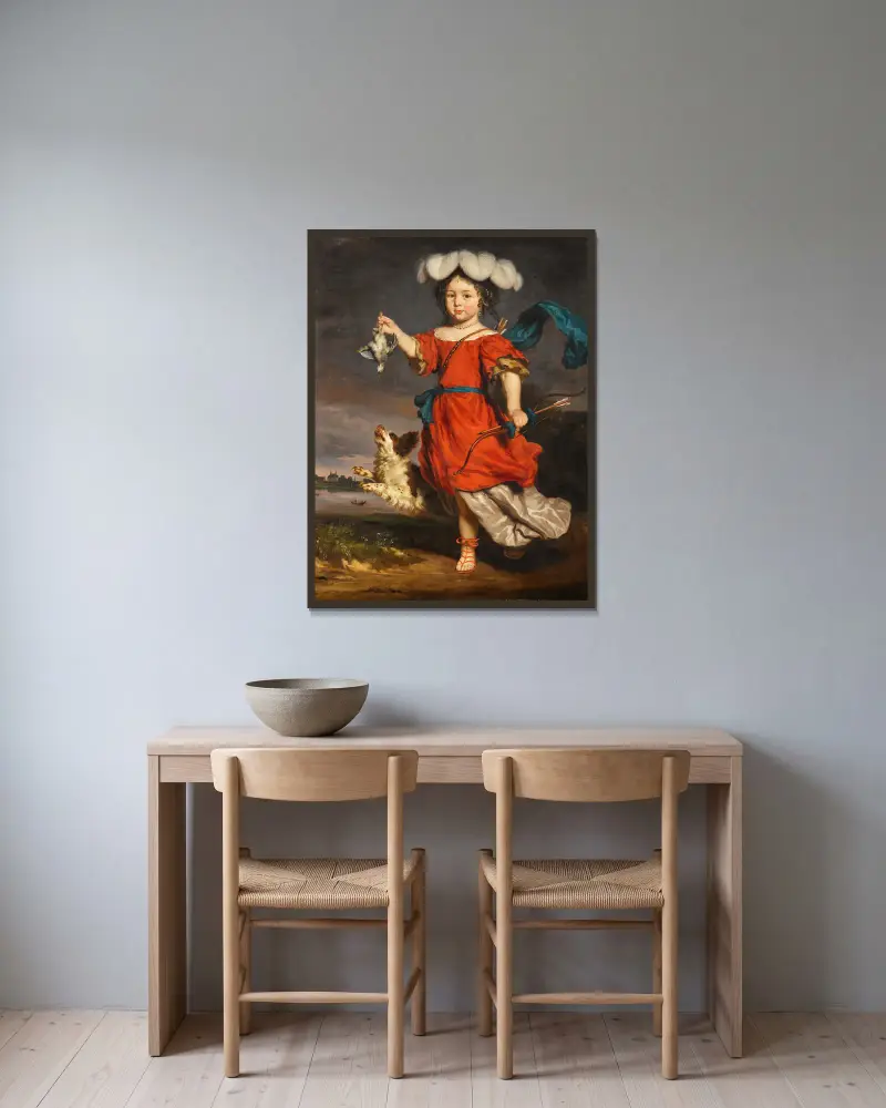 Porträtt av en ung flicka som jägarinna av Nicolaes Maes inramad på en vägg