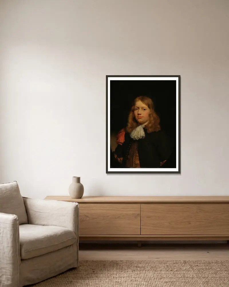 Portrait of a young Man av Nicolaes Maes inramad på en vägg