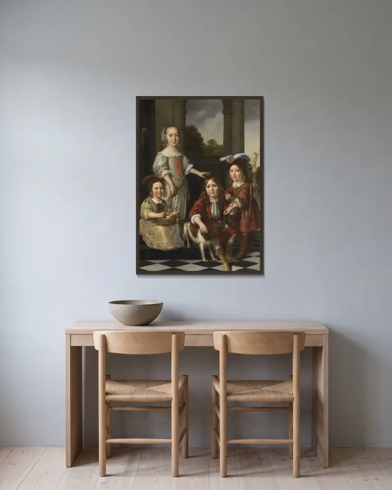Portrait of four Children av Nicolaes Maes inramad på en vägg