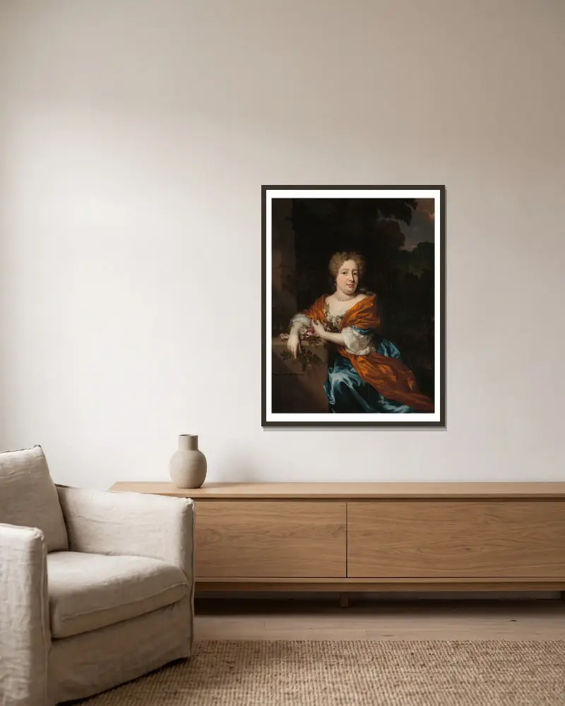 Porträtt av Petronella Dunois av Nicolaes Maes inramad på en vägg