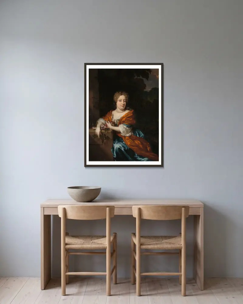 Porträtt av Petronella Dunois av Nicolaes Maes inramad på en vägg