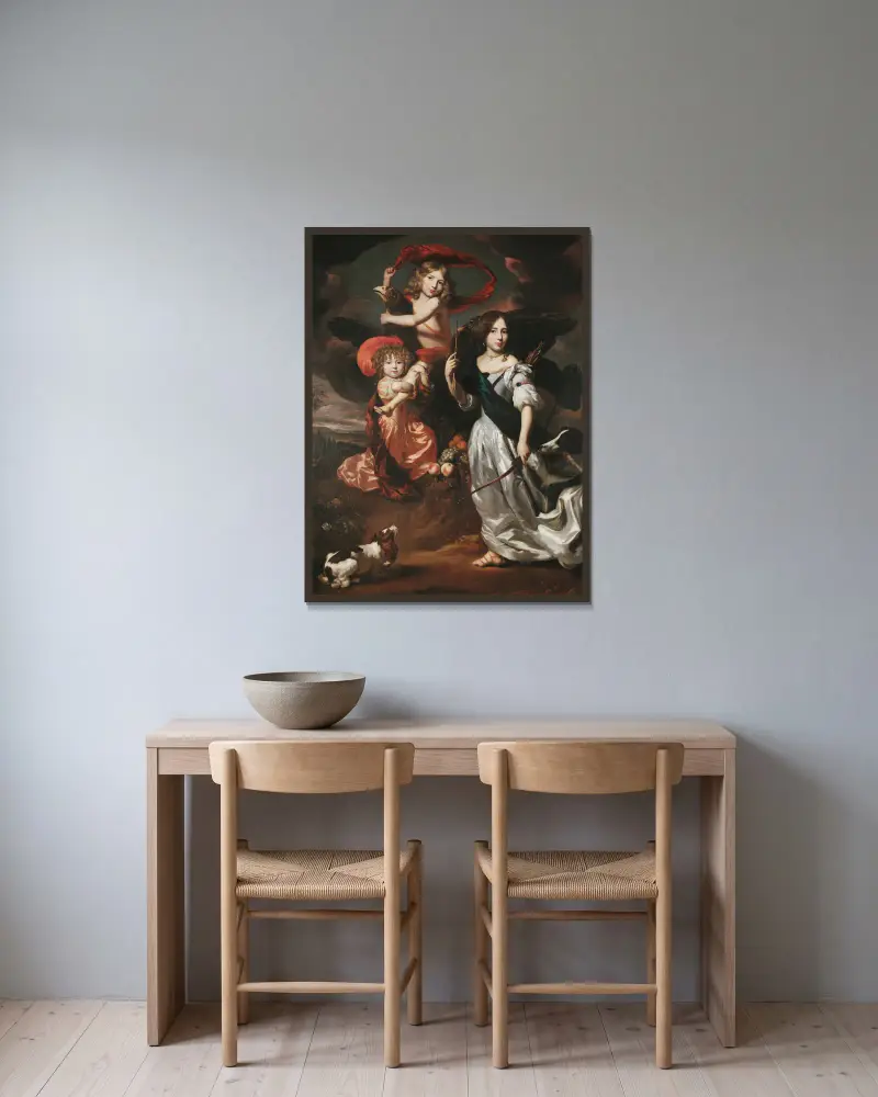 Porträtt av tre barn som Ceres, Ganymedes och Diana av Nicolaes Maes inramad på en vägg