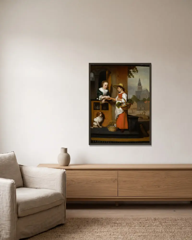 Vegetable Seller av Nicolaes Maes inramad på en vägg