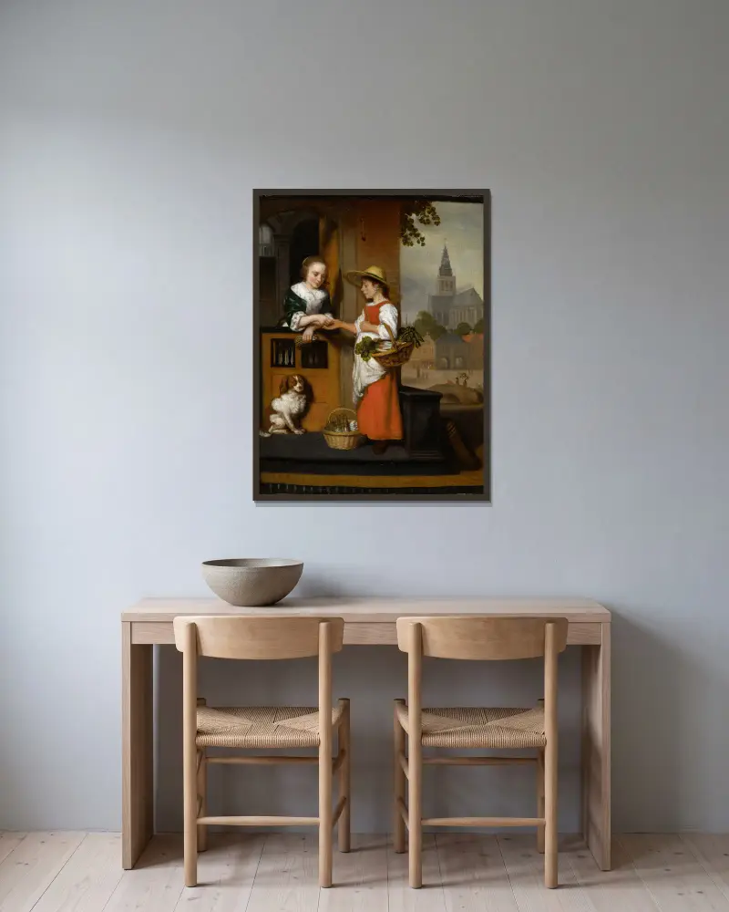 Vegetable Seller av Nicolaes Maes inramad på en vägg