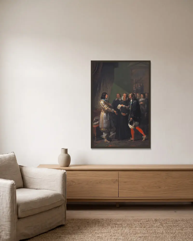 Absolut monarki tilldelas Fredrik III 1660 av Nicolai Abildgaard inramad på en vägg