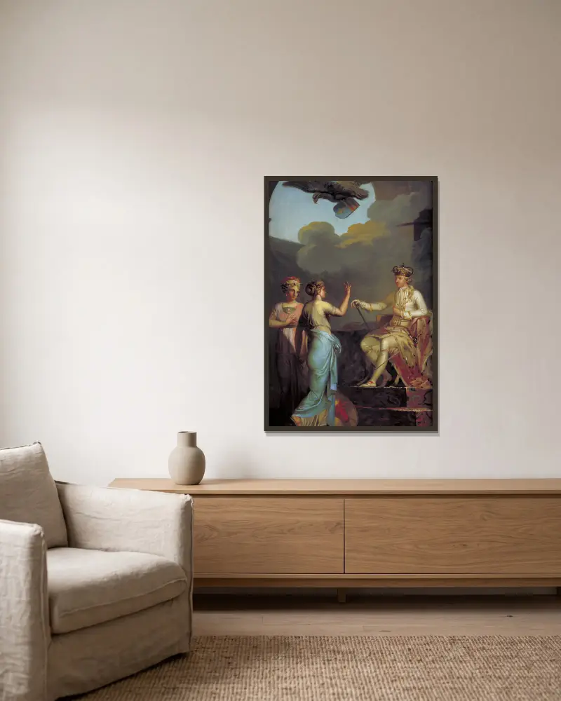 Christian VII. vereint 1773 den herzoglichen mit dem königlichen Teil von Holstein von Nicolai Abildgaard gerahmt an einer Wand