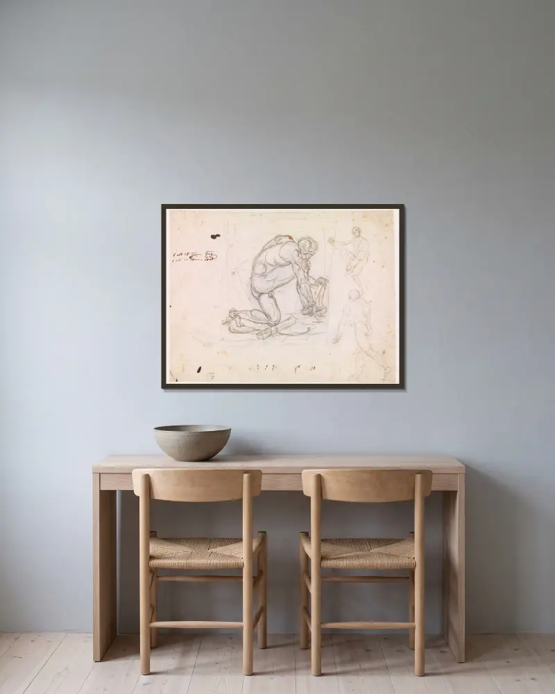 Studie till Den sårade Filoktetes, samt ett par andra studier av nakna mansfigurer av Nicolai Abildgaard inramad på en vägg