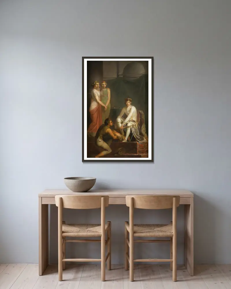Upphävandet av stavnsbåndet 1788 av Nicolai Abildgaard inramad på en vägg