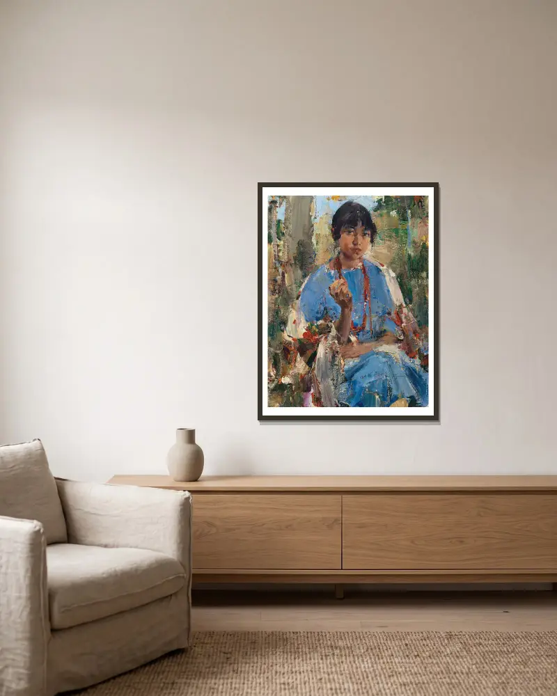 Indianflicka i blå klänning av Nicolai Fechin inramad på en vägg