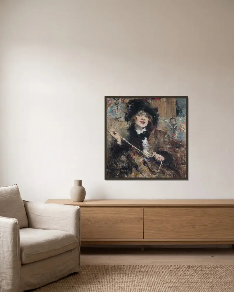 Porträtt av mademoiselle Podbelskaya av Nicolai Fechin inramad på en vägg