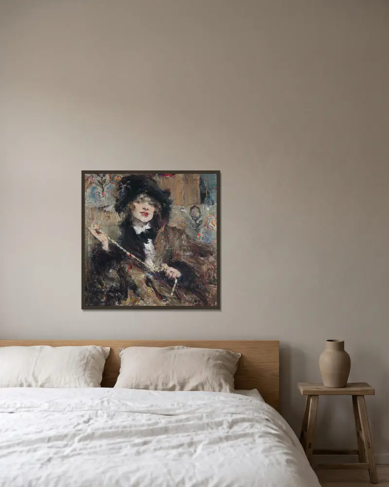 Porträtt av mademoiselle Podbelskaya av Nicolai Fechin inramad på en vägg
