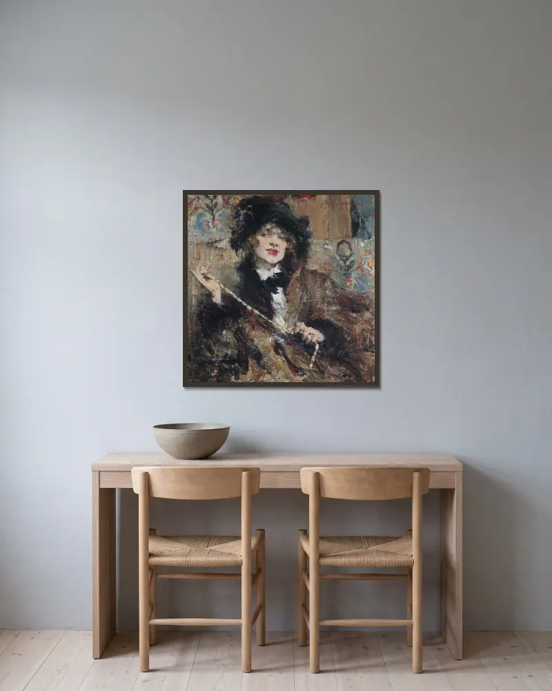 Porträtt av mademoiselle Podbelskaya av Nicolai Fechin inramad på en vägg