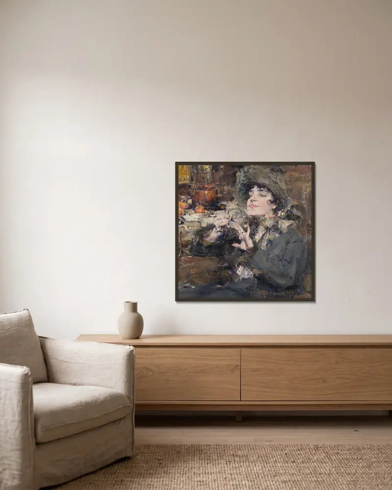 Die Maniküre. Porträt von Mademoiselle Girmond von Nicolai Fechin gerahmt an einer Wand
