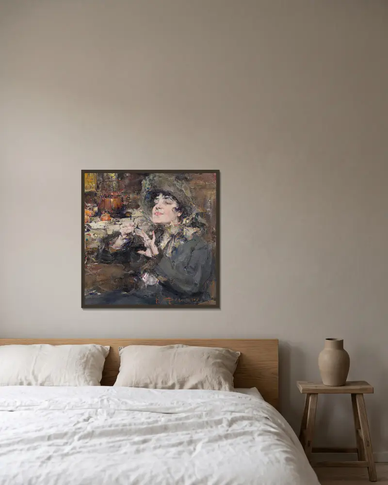 Die Maniküre. Porträt von Mademoiselle Girmond von Nicolai Fechin gerahmt an einer Wand