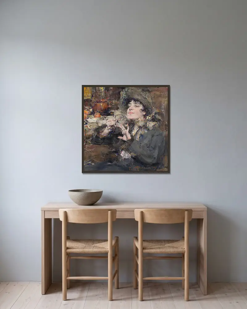Die Maniküre. Porträt von Mademoiselle Girmond von Nicolai Fechin gerahmt an einer Wand