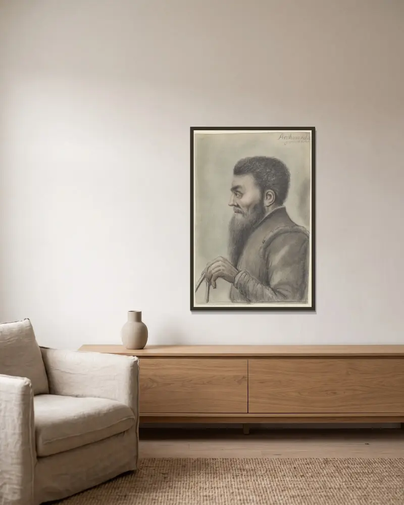 Archimedes mit einem Zirkel, im Profil nach links von Nicolas Lagneau gerahmt an einer Wand