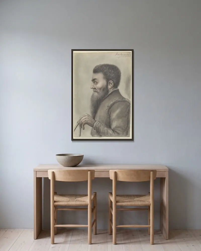 Archimedes mit einem Zirkel, im Profil nach links von Nicolas Lagneau gerahmt an einer Wand