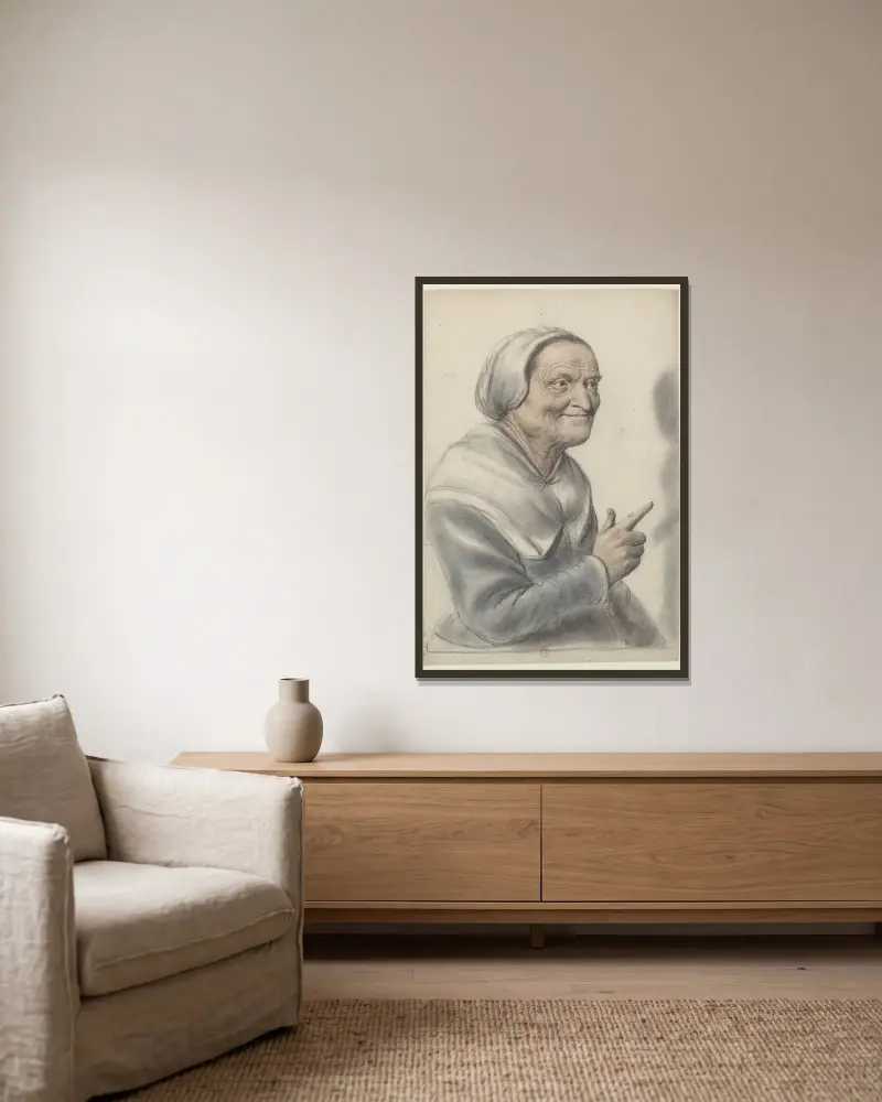 Ältere Frau mit weißer Kopfbedeckung, mit dem Zeigefinger zeigend, Dreiviertelansicht nach rechts von Nicolas Lagneau gerahmt an einer Wand