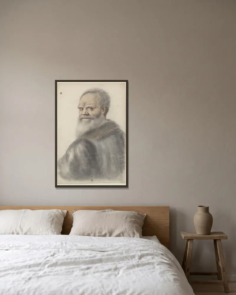 Äldre man med långt skägg, sedd bakifrån, vändande sig om, huvudet i trekvartsvy till vänster av Nicolas Lagneau inramad på en vägg