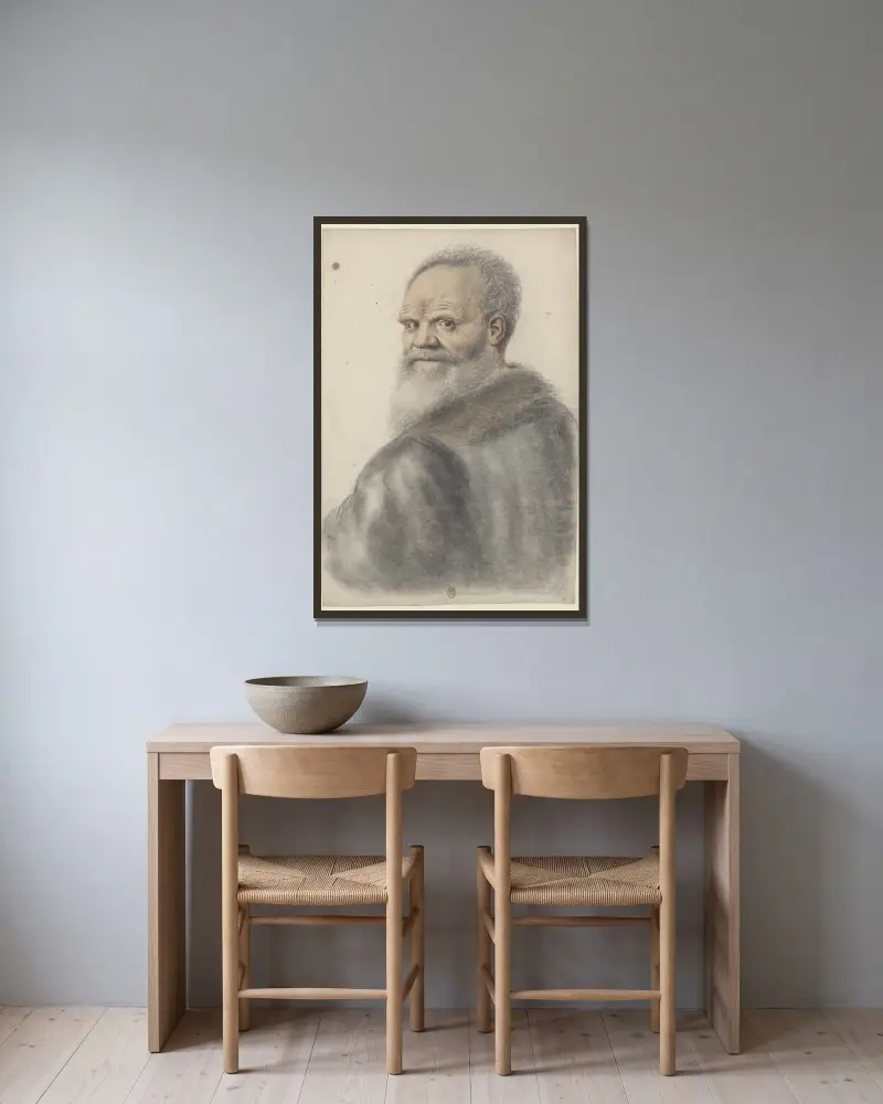 Äldre man med långt skägg, sedd bakifrån, vändande sig om, huvudet i trekvartsvy till vänster av Nicolas Lagneau inramad på en vägg