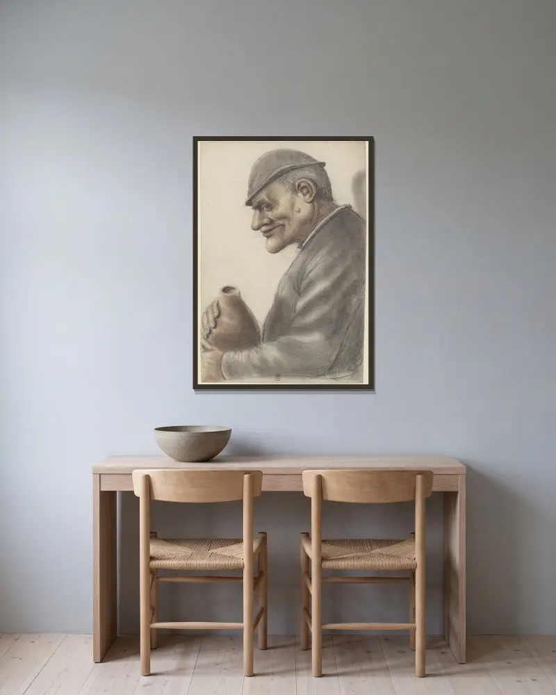 Äldre man med en stor vårta på kinden, med mössa och en läderflaska, sedd i profil åt vänster av Nicolas Lagneau inramad på en vägg