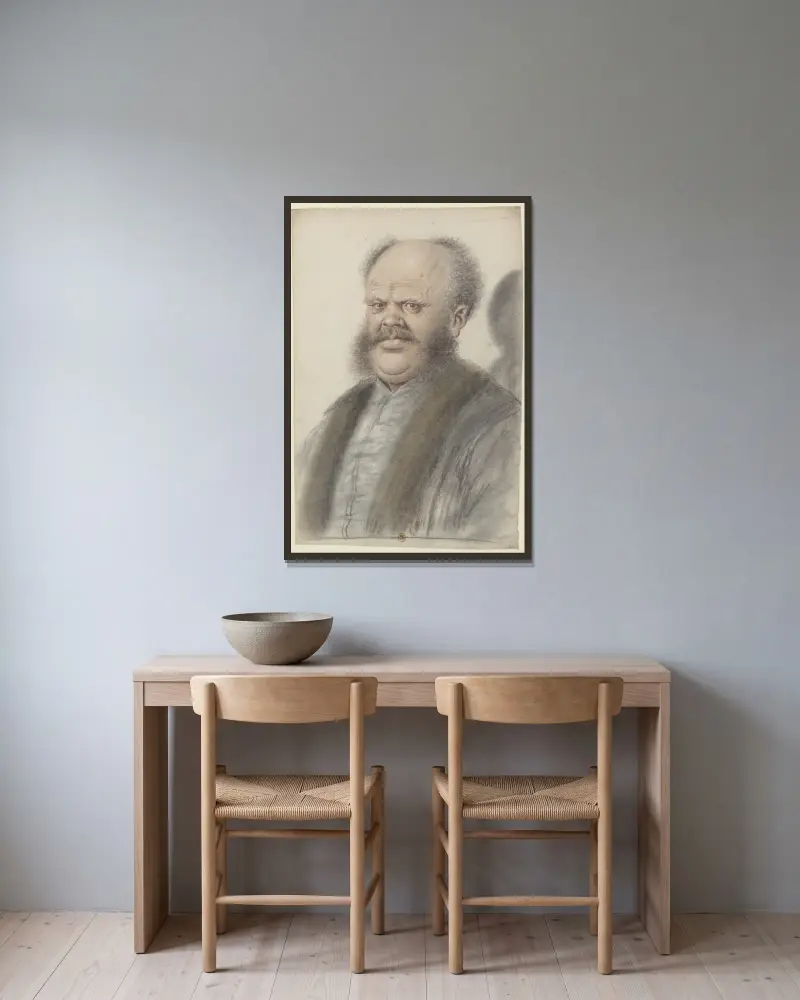 Man med kal hjässa, mustasch och breda kindskägg, nästan framifrån av Nicolas Lagneau inramad på en vägg