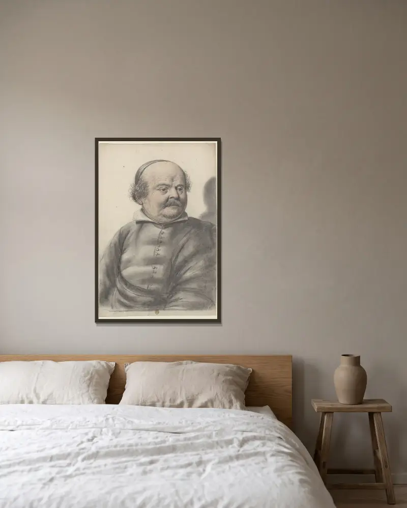 Man med runt ansikte, mustasch och pipskägg, med kalott, huvudet tre fjärdedels vy mot höger av Nicolas Lagneau inramad på en vägg