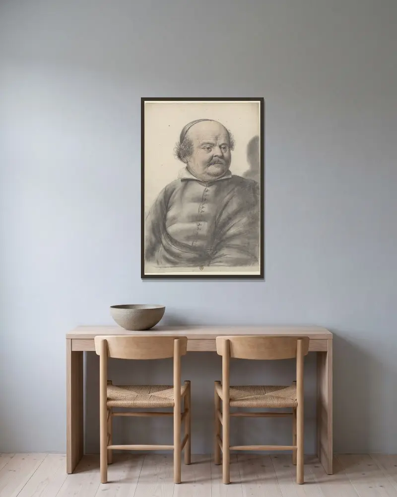 Man med runt ansikte, mustasch och pipskägg, med kalott, huvudet tre fjärdedels vy mot höger av Nicolas Lagneau inramad på en vägg