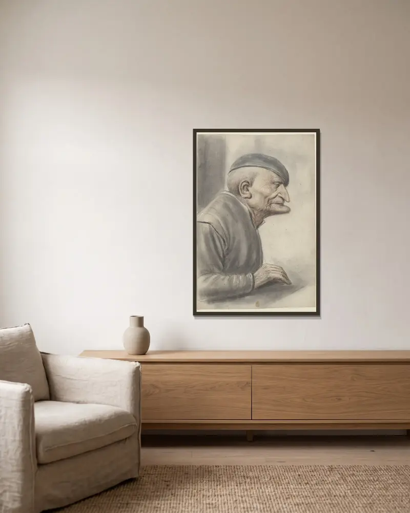 Alter Mann mit Kappe, im Profil nach rechts von Nicolas Lagneau gerahmt an einer Wand