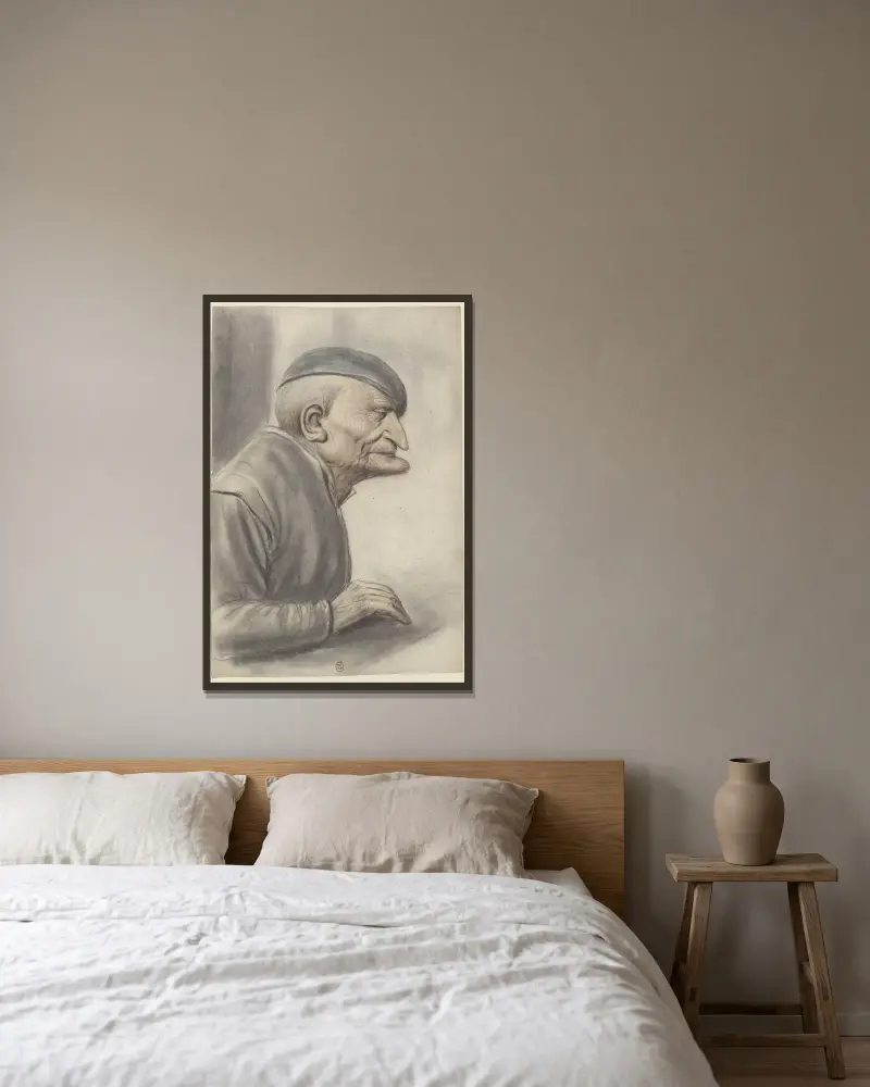 Alter Mann mit Kappe, im Profil nach rechts von Nicolas Lagneau gerahmt an einer Wand