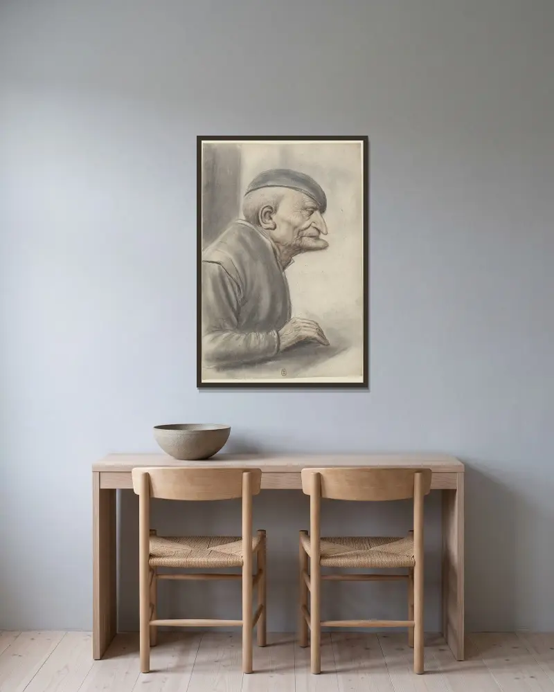 Alter Mann mit Kappe, im Profil nach rechts von Nicolas Lagneau gerahmt an einer Wand