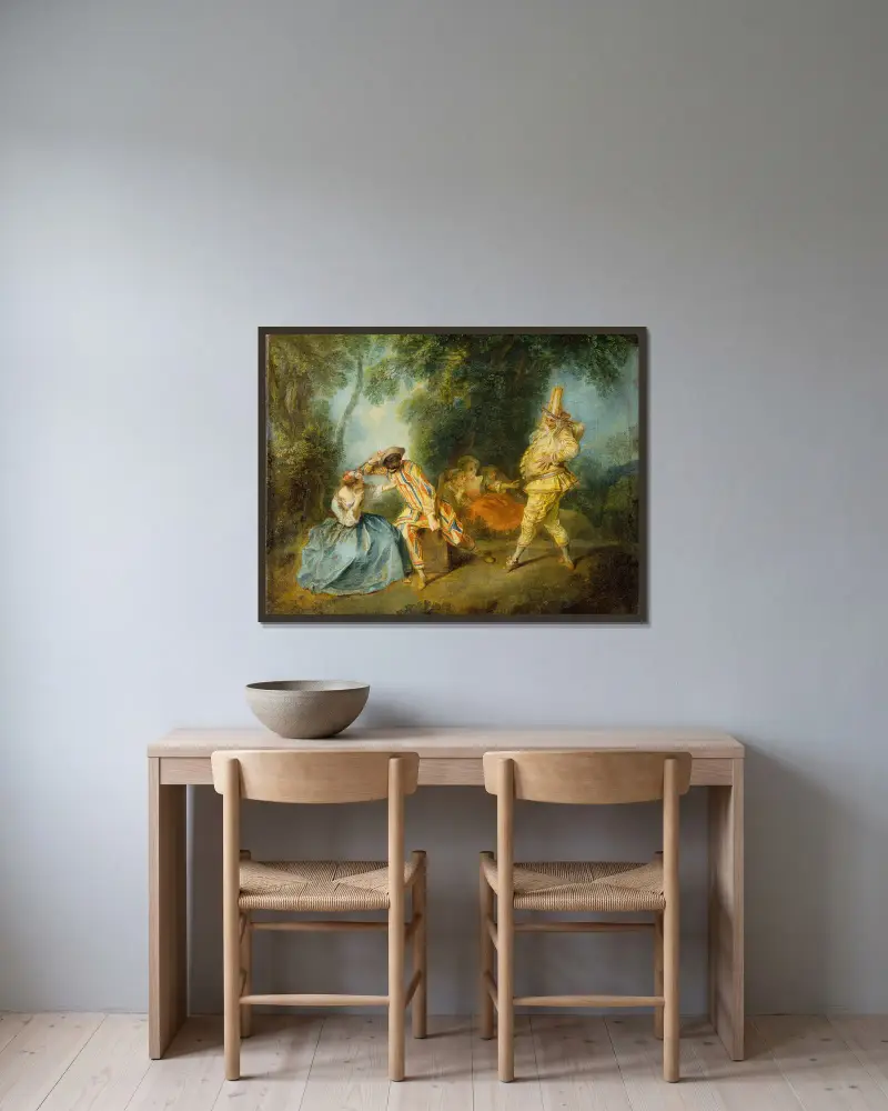 Eine italienische Komödienszene von Nicolas Lancret gerahmt an einer Wand