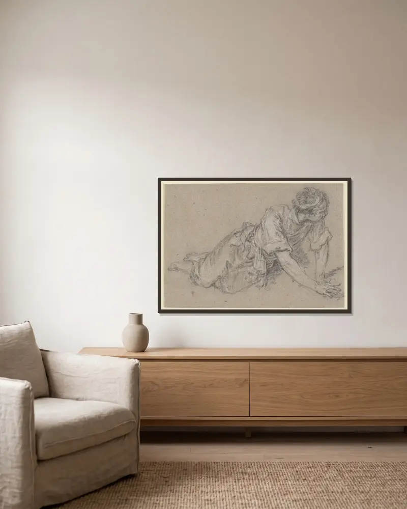 Man på alla fyra på marken (pojke lekande med kycklingar), 1730 – nr 3 av Nicolas Lancret inramad på en vägg