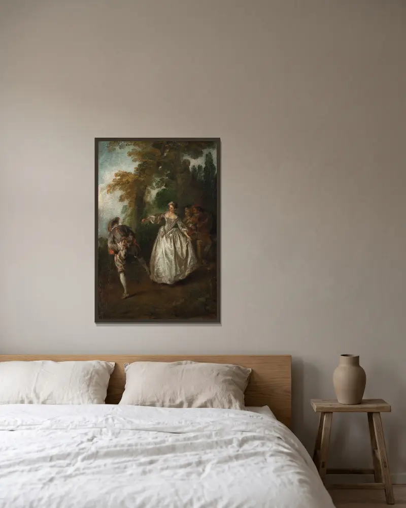Tanz im Freien von Nicolas Lancret gerahmt an einer Wand