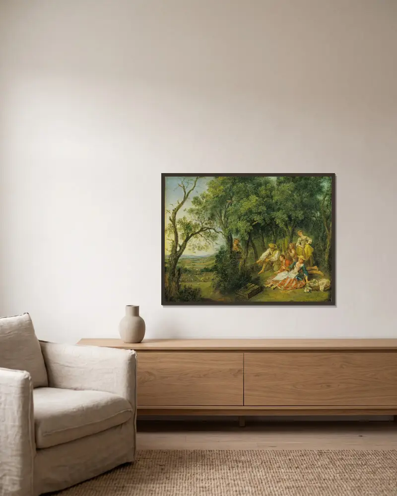 Die Vogelfänger von Nicolas Lancret gerahmt an einer Wand