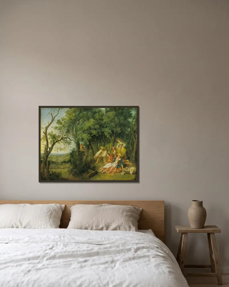 Die Vogelfänger von Nicolas Lancret gerahmt an einer Wand