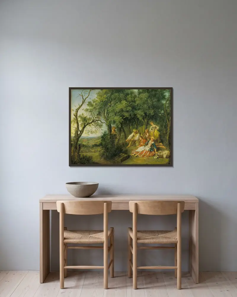 Die Vogelfänger von Nicolas Lancret gerahmt an einer Wand